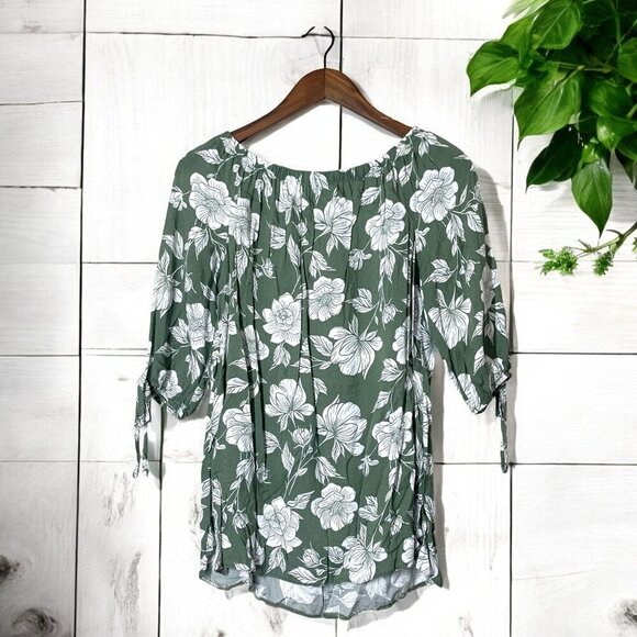 George UK Floral Green & White Peasant Blouse Half Sleeves Elastic Neckline Sz L - Picture 5 of 5